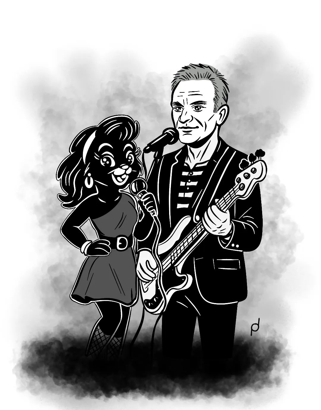 Cartoon illustration of Nola the black rabbit singing alongside a bass player