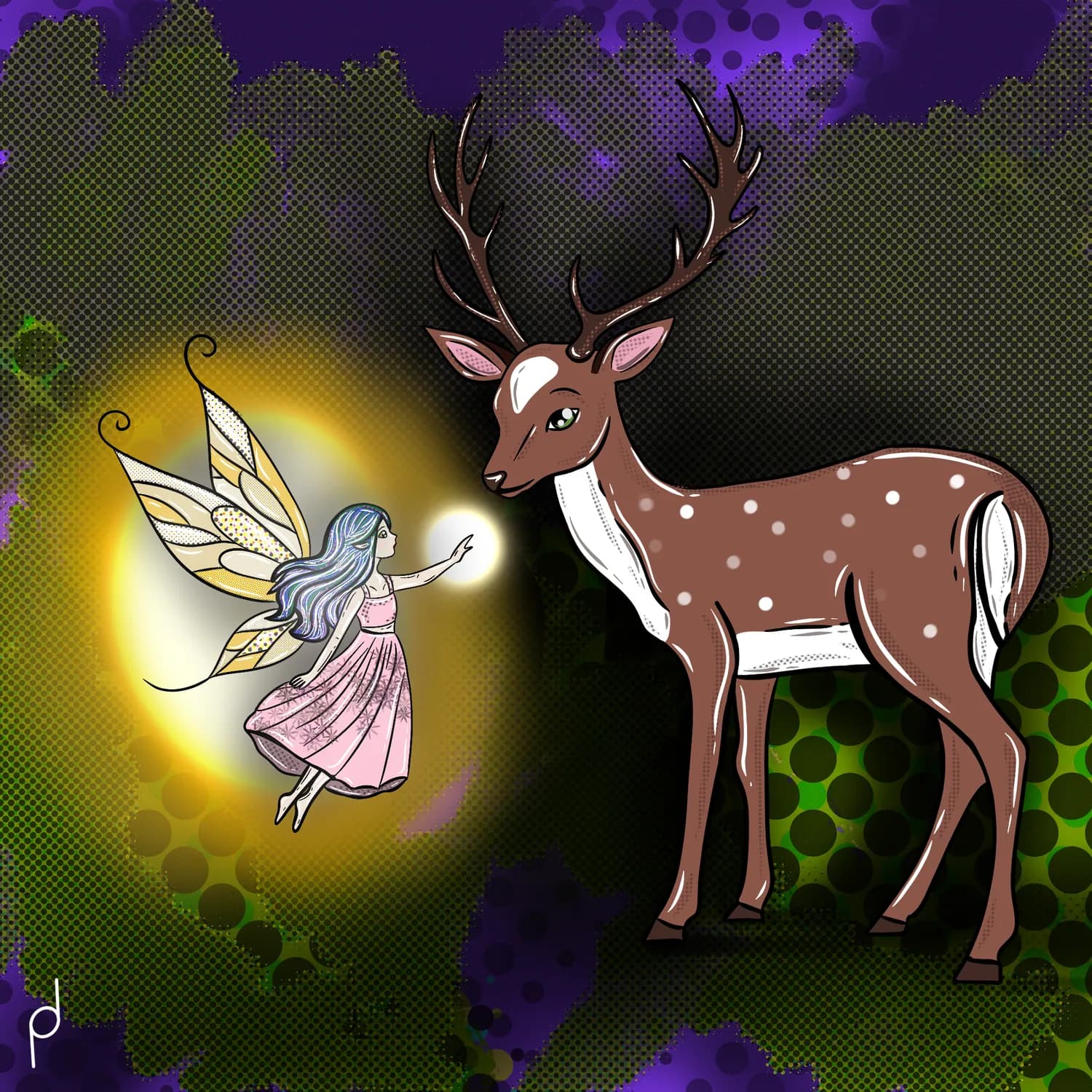 Illustration of a fairy lighting the way for a deer