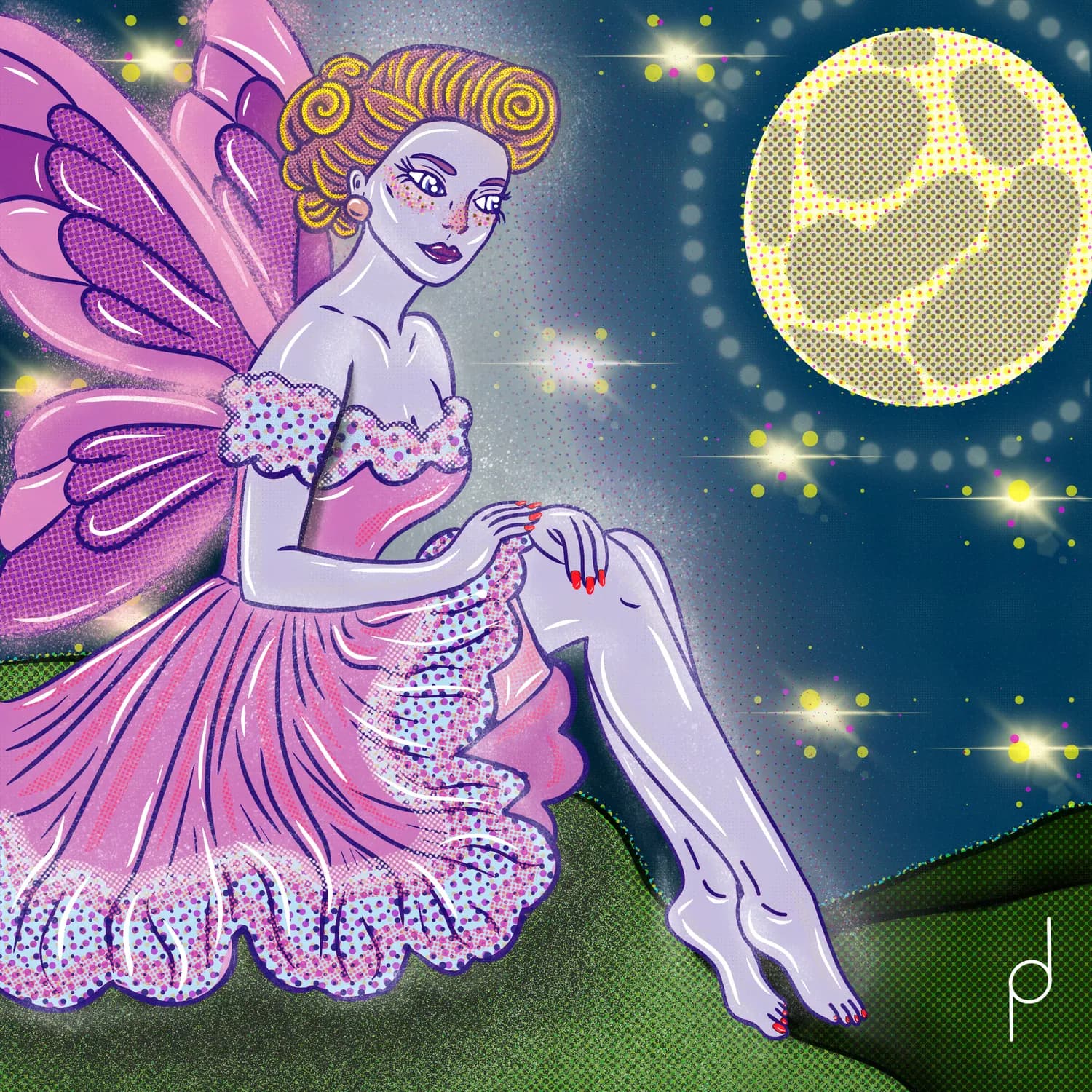 Illustration of a fairy under a full moon