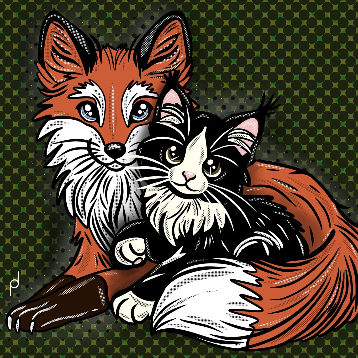 Pop-art illustration of a red fox curled around a tuxedo cat