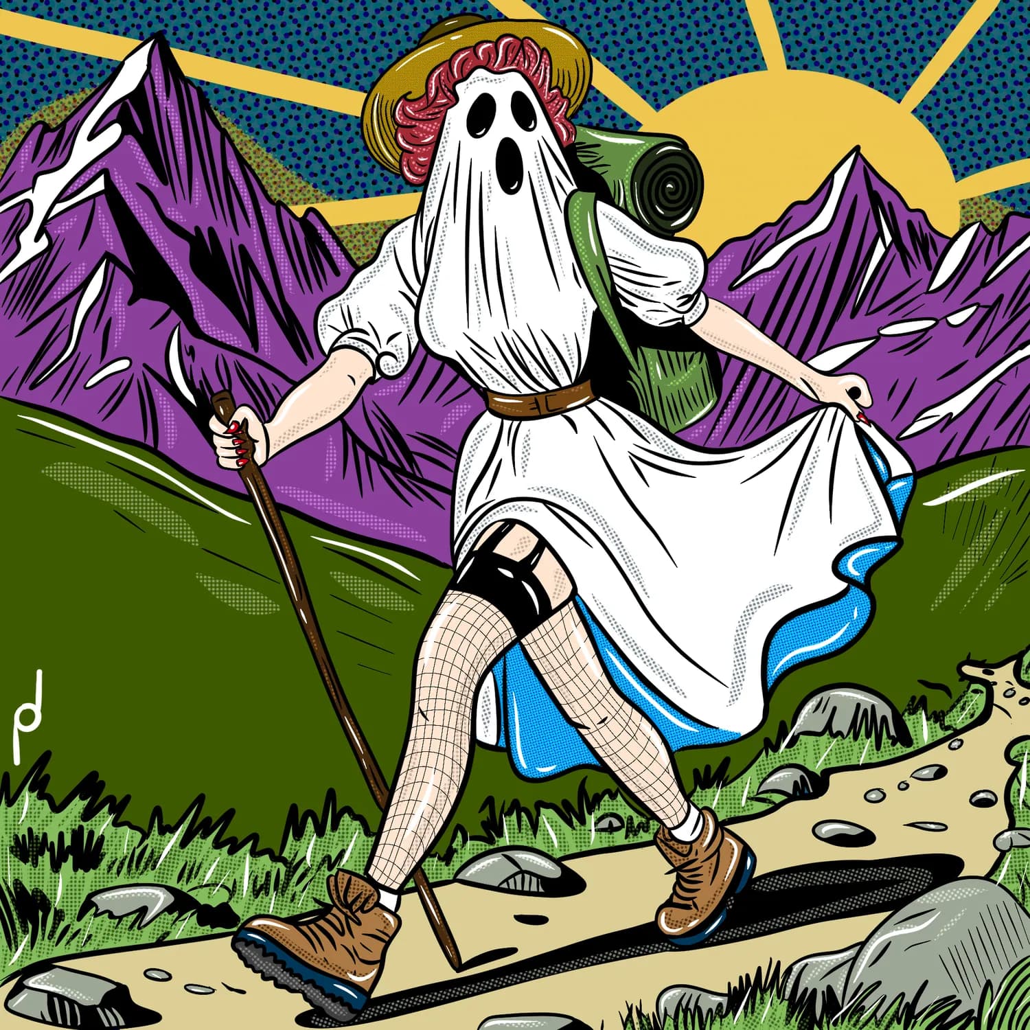 Illustration of a sheeted ghost hiking a mountain trail