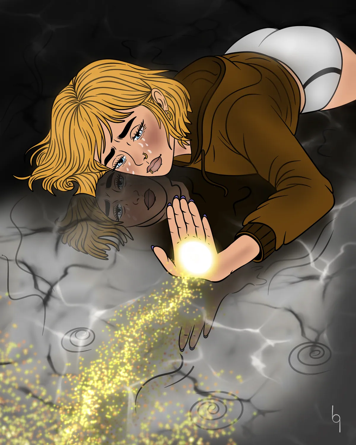 Illustration of a figure with golden light pouring from his hand