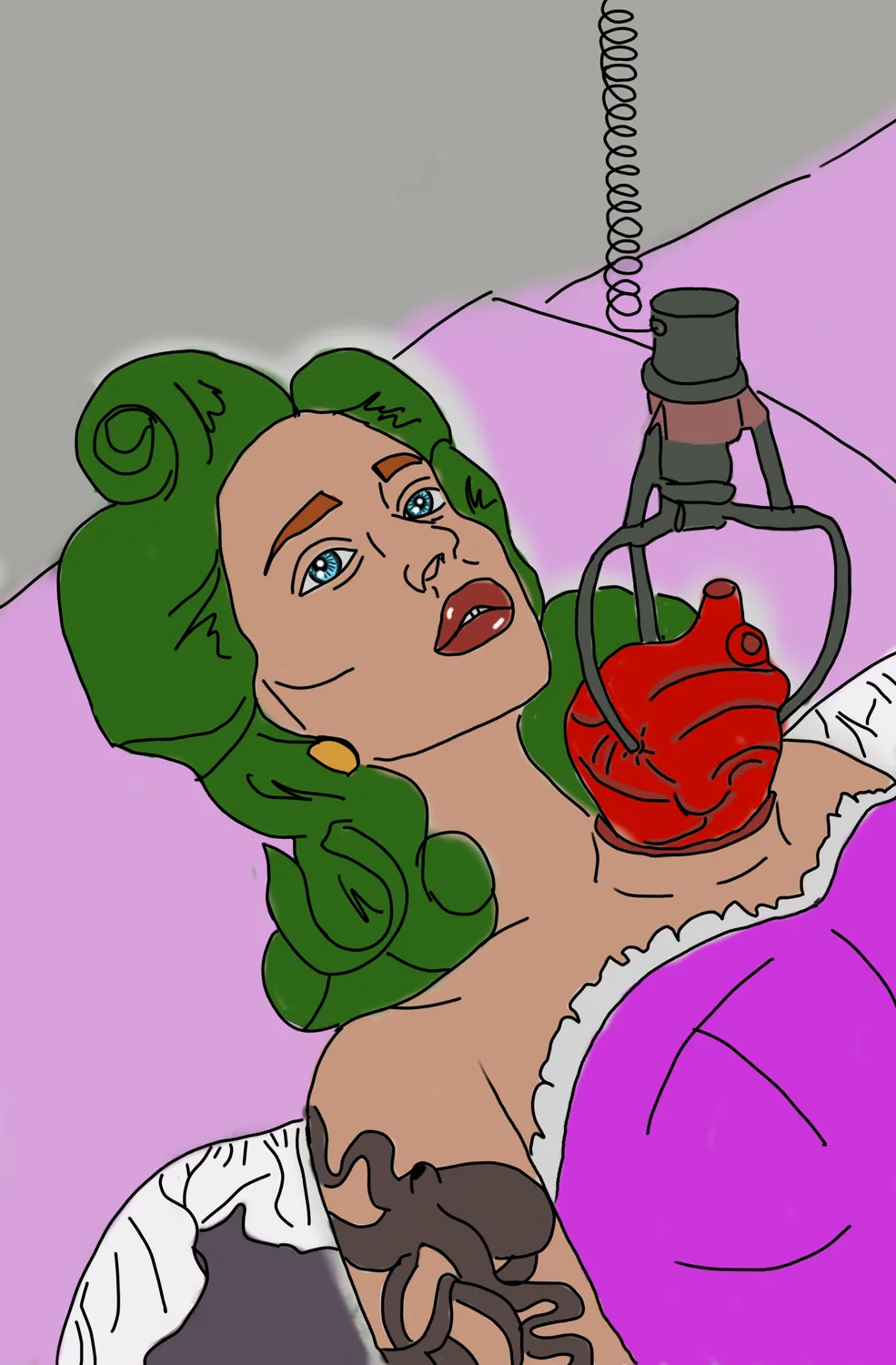 Illustration of a reclining woman with green hair and a rose