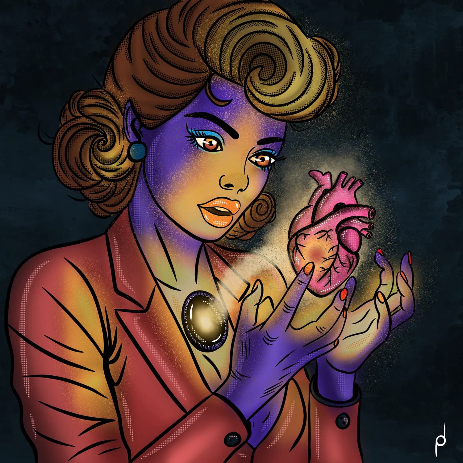 Illustration of a woman holding a glowing anatomical heart