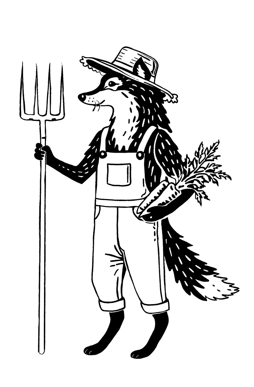 Ink drawing of a fox in overalls holding a pitchfork