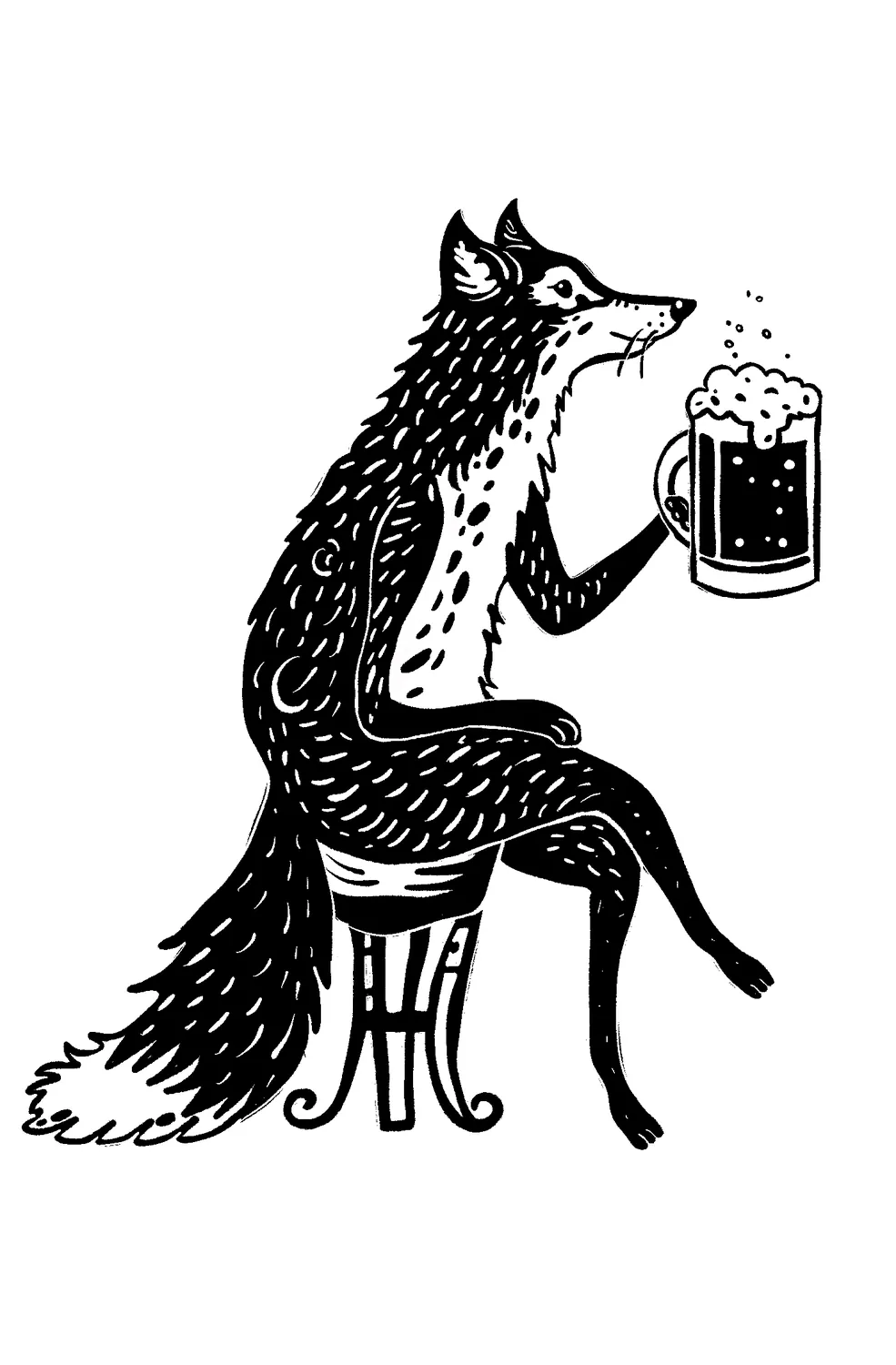 Ink drawing of a wolf raising a beer stein