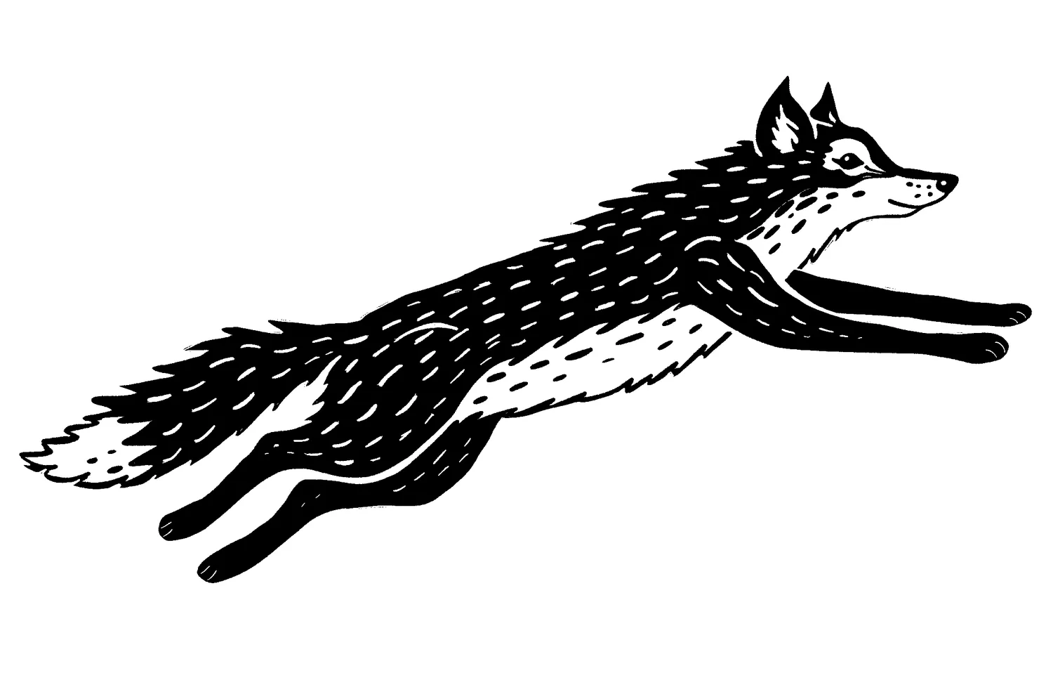 Black ink illustration of a wolf mid-leap