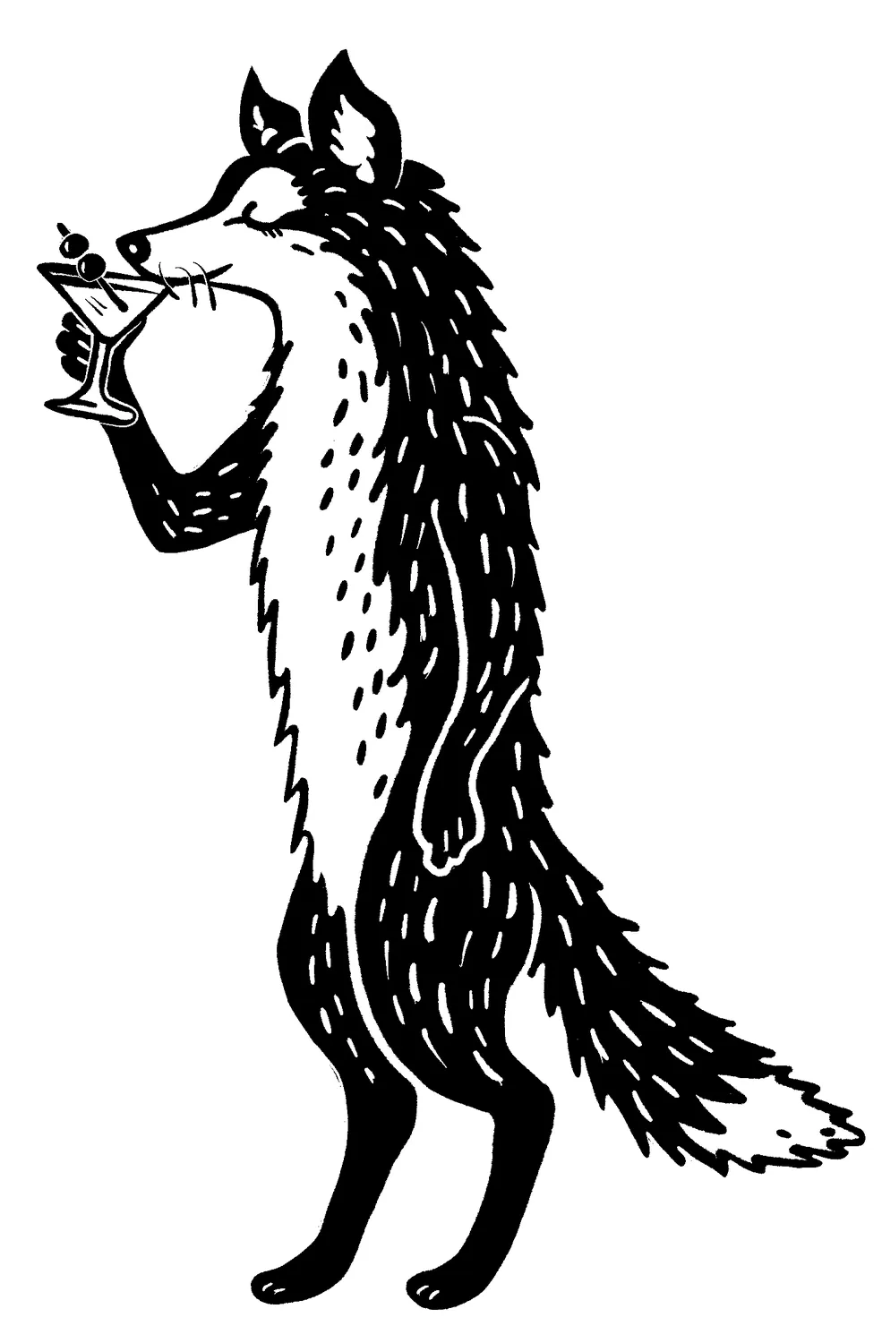 Ink drawing of a wolf holding a martini glass