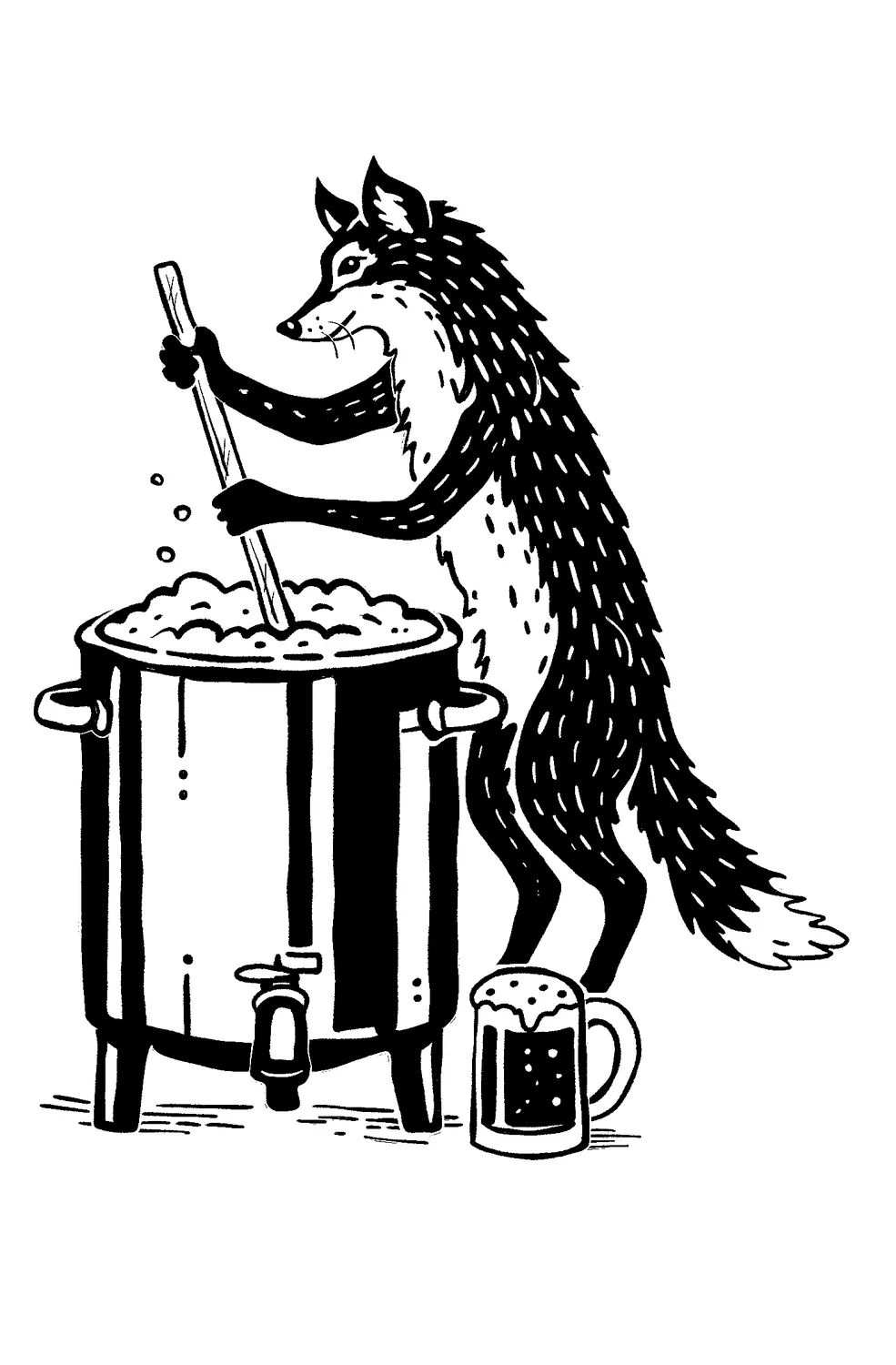 Ink drawing of a wolf stirring a stockpot