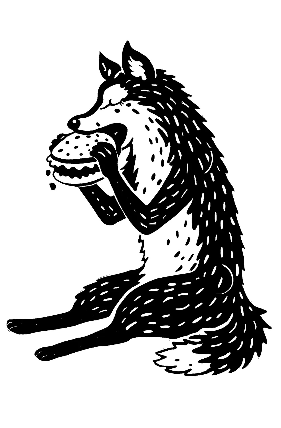 Ink drawing of a wolf eating from a bowl