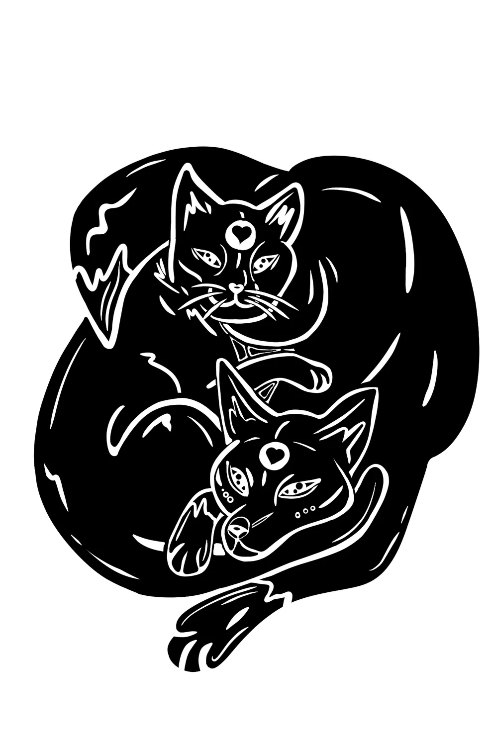 Ink drawing of two black cats curled around each other