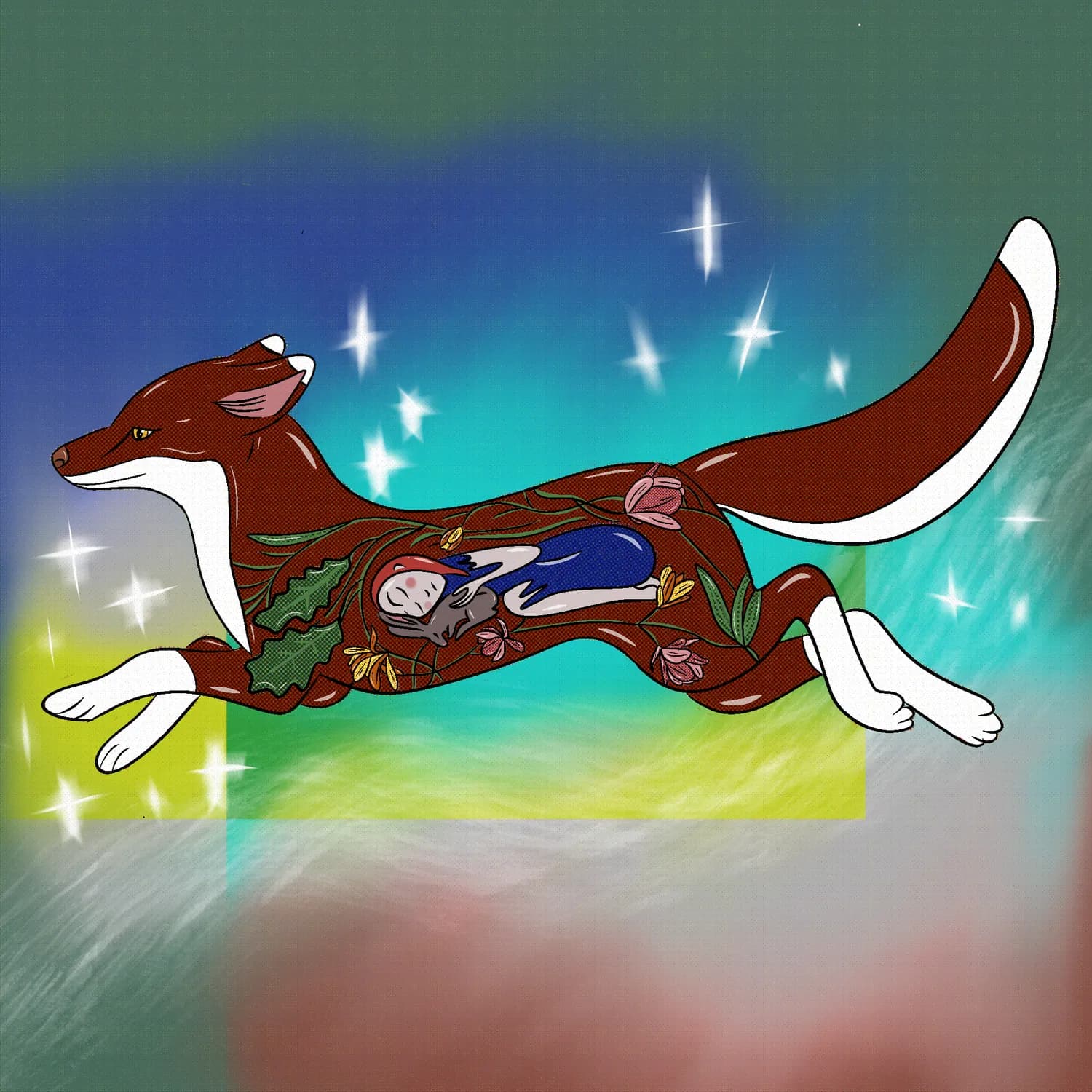 Illustration of a running fox with a forest inside its body