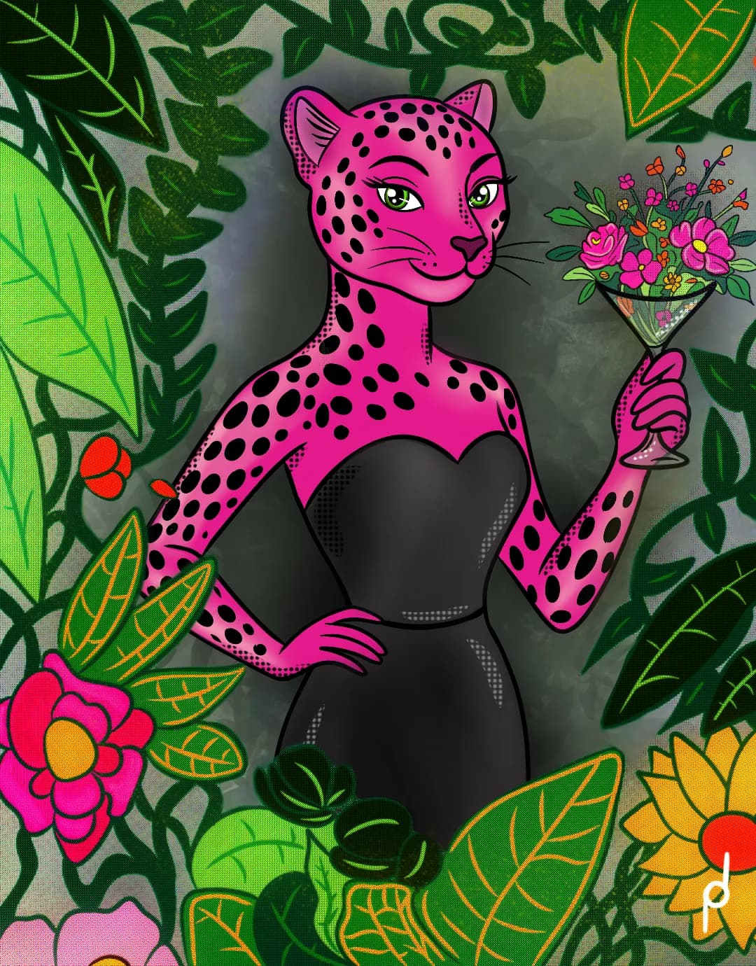 Illustration of a leopard-print figure among tropical plants