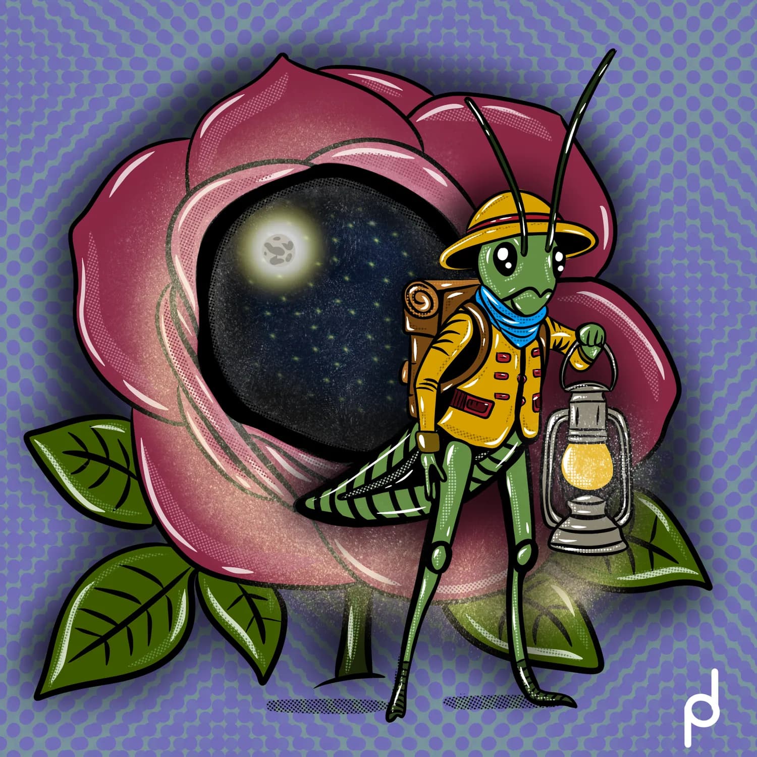 Illustration of a grasshopper with a lantern inside a rose