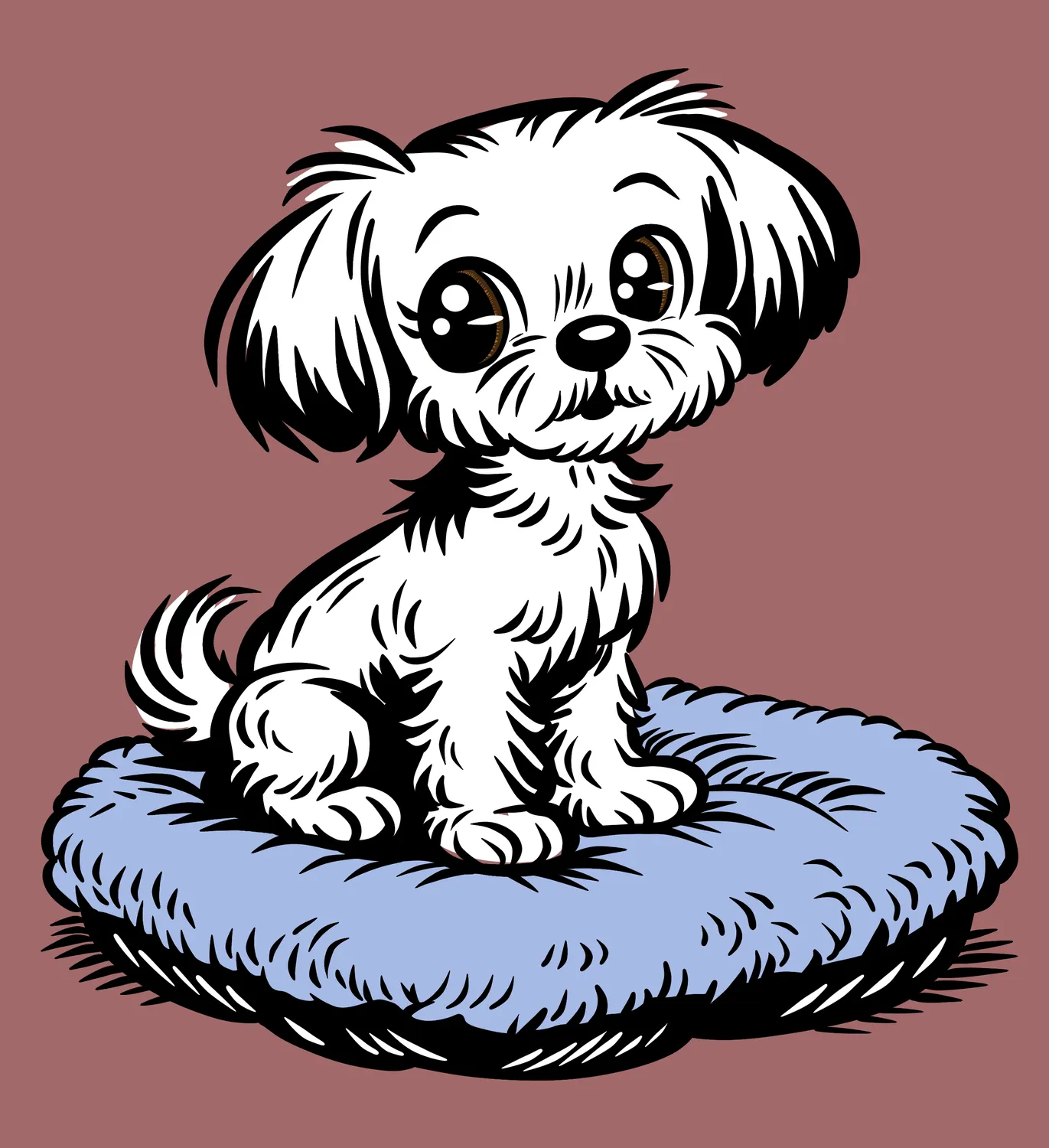 Illustration of a white dog on a blue cushion