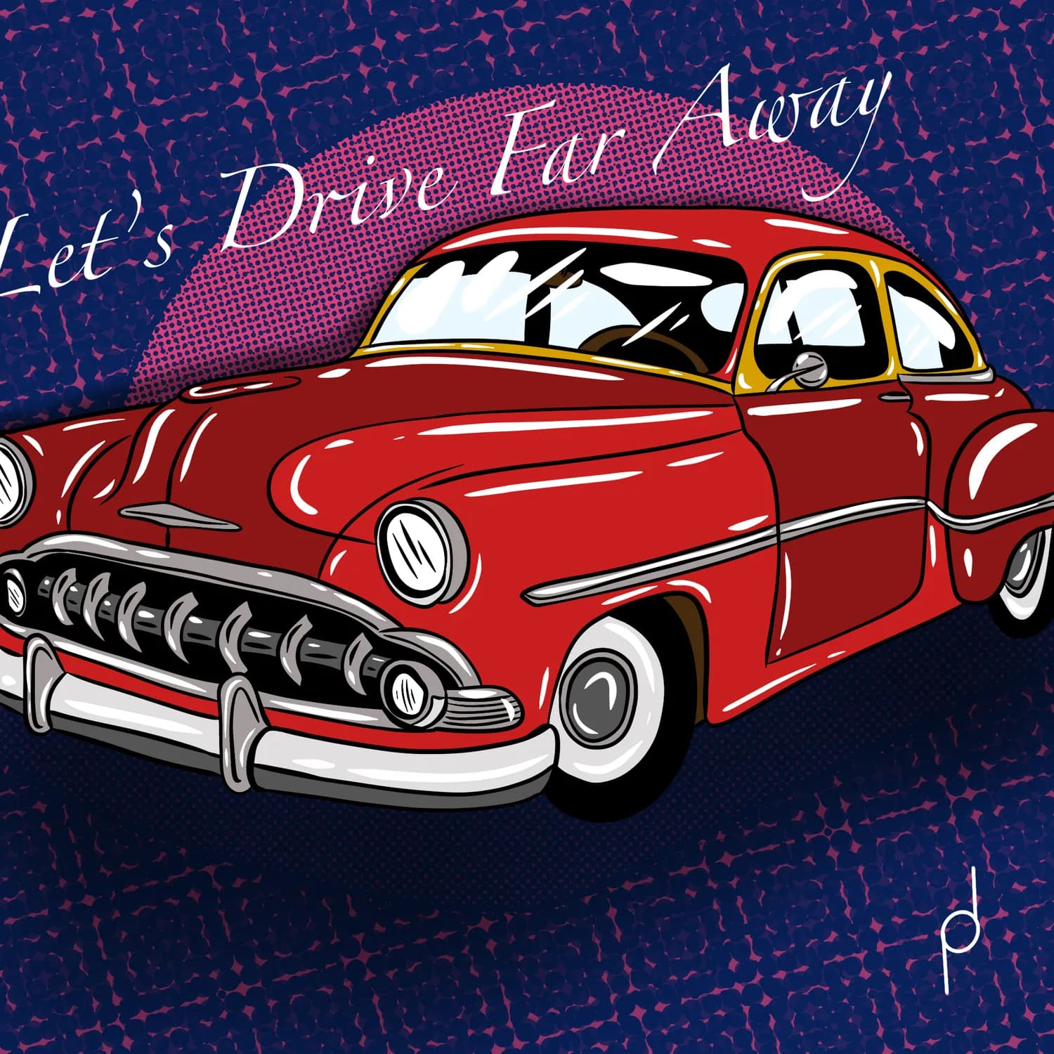 Illustration of a vintage red car with hand lettering