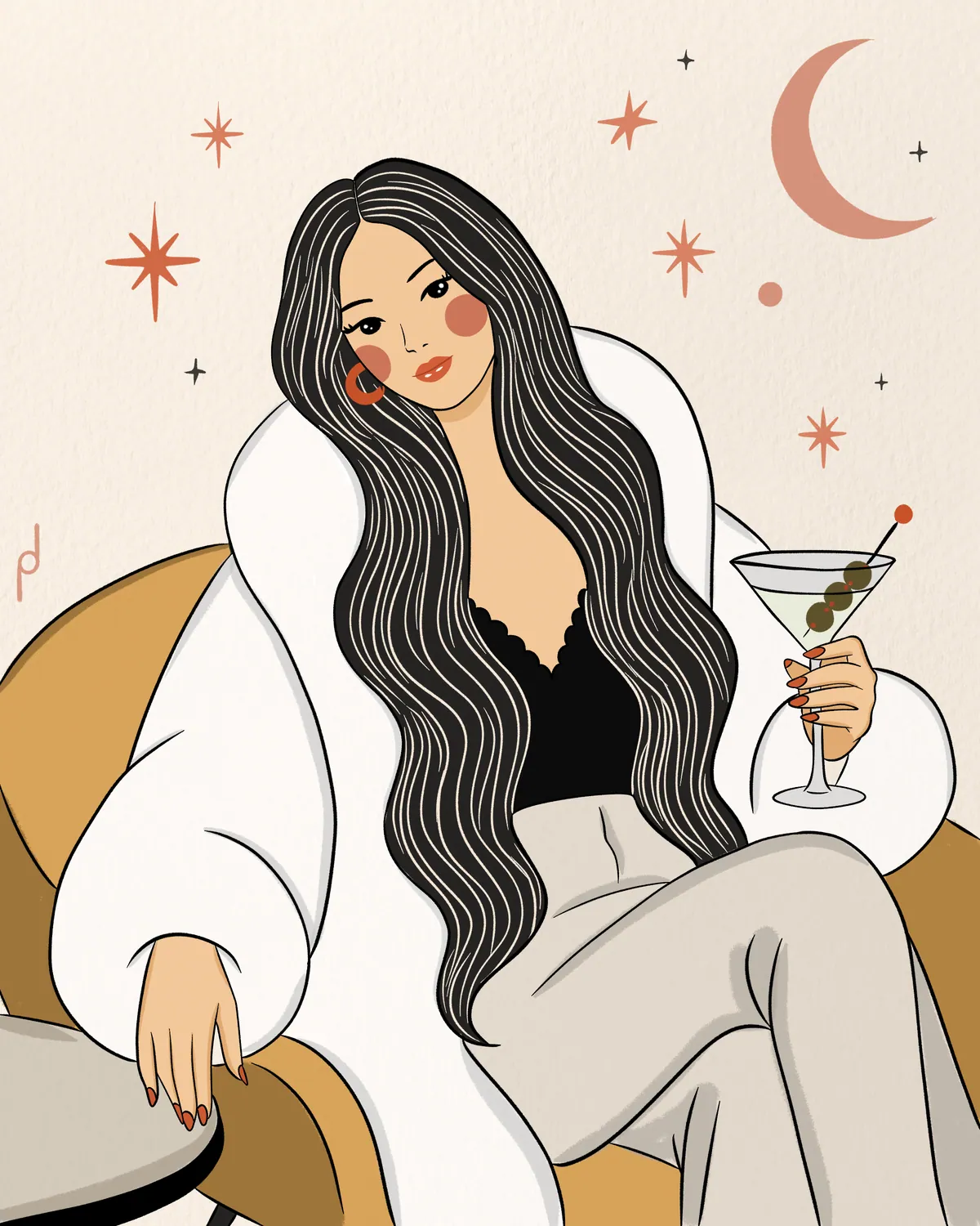 Illustration of a woman in a white robe holding a cocktail