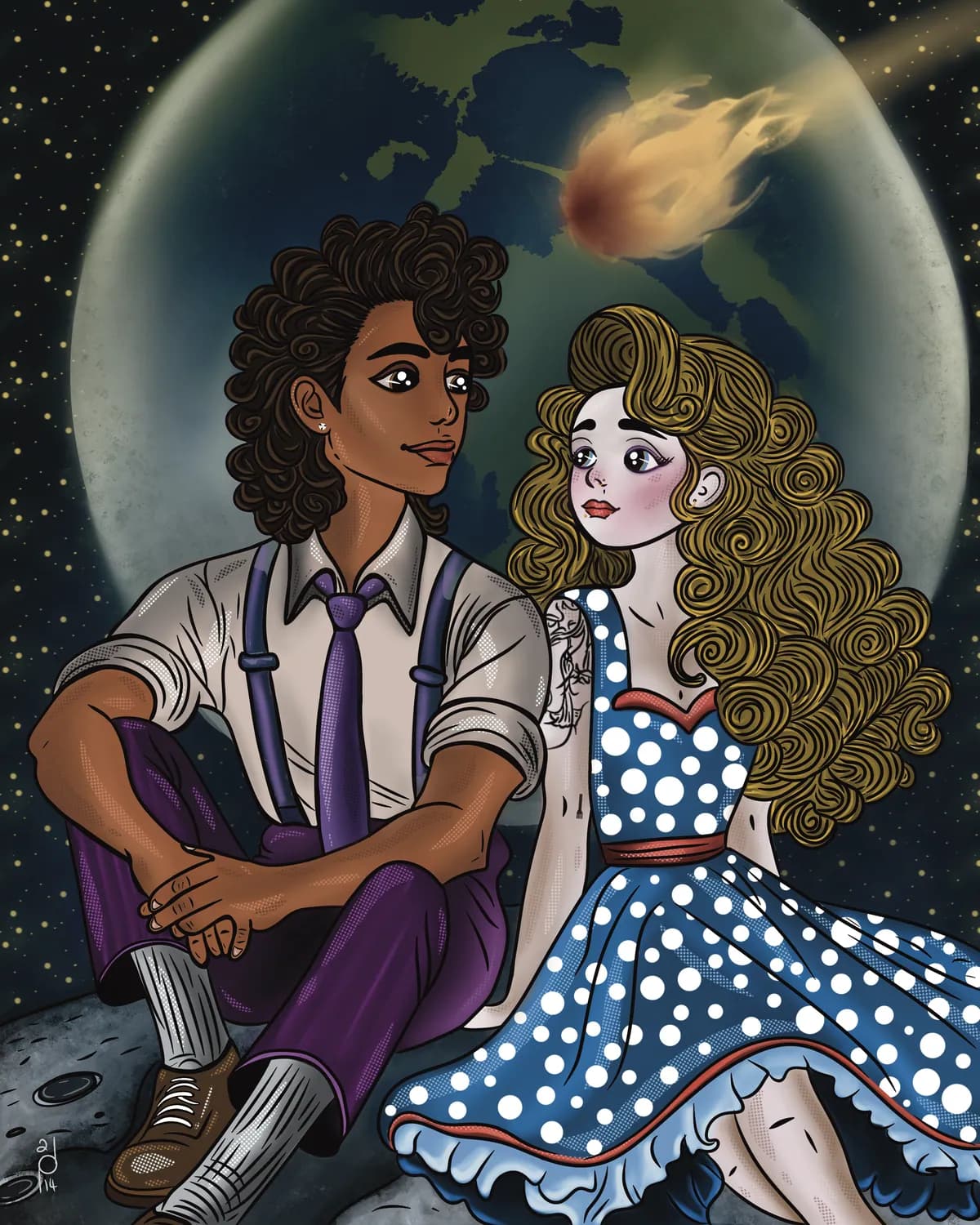 Illustration of a couple watching a meteor from the moon