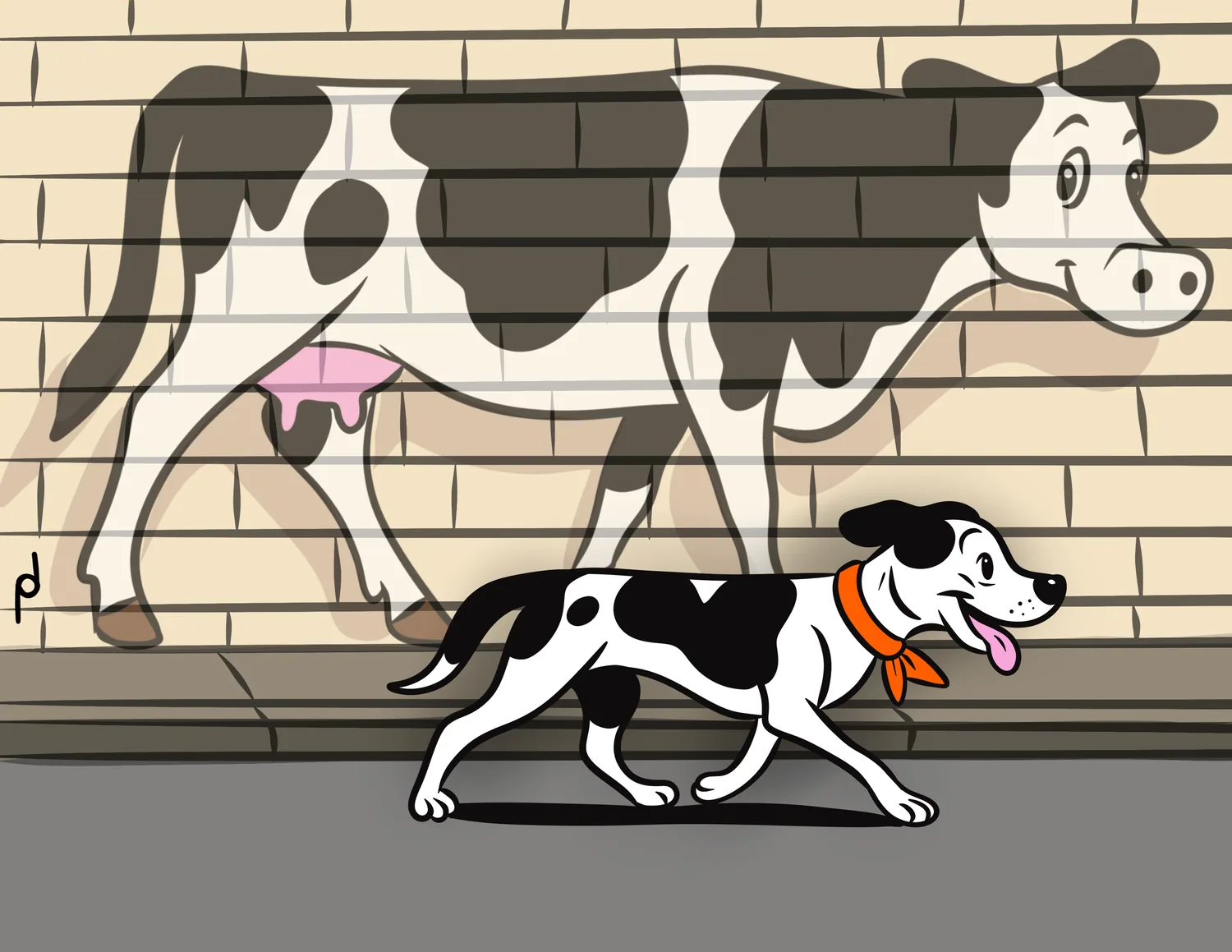 Cartoon illustration of a spotted dog trotting past a painted cow mural on a brick wall