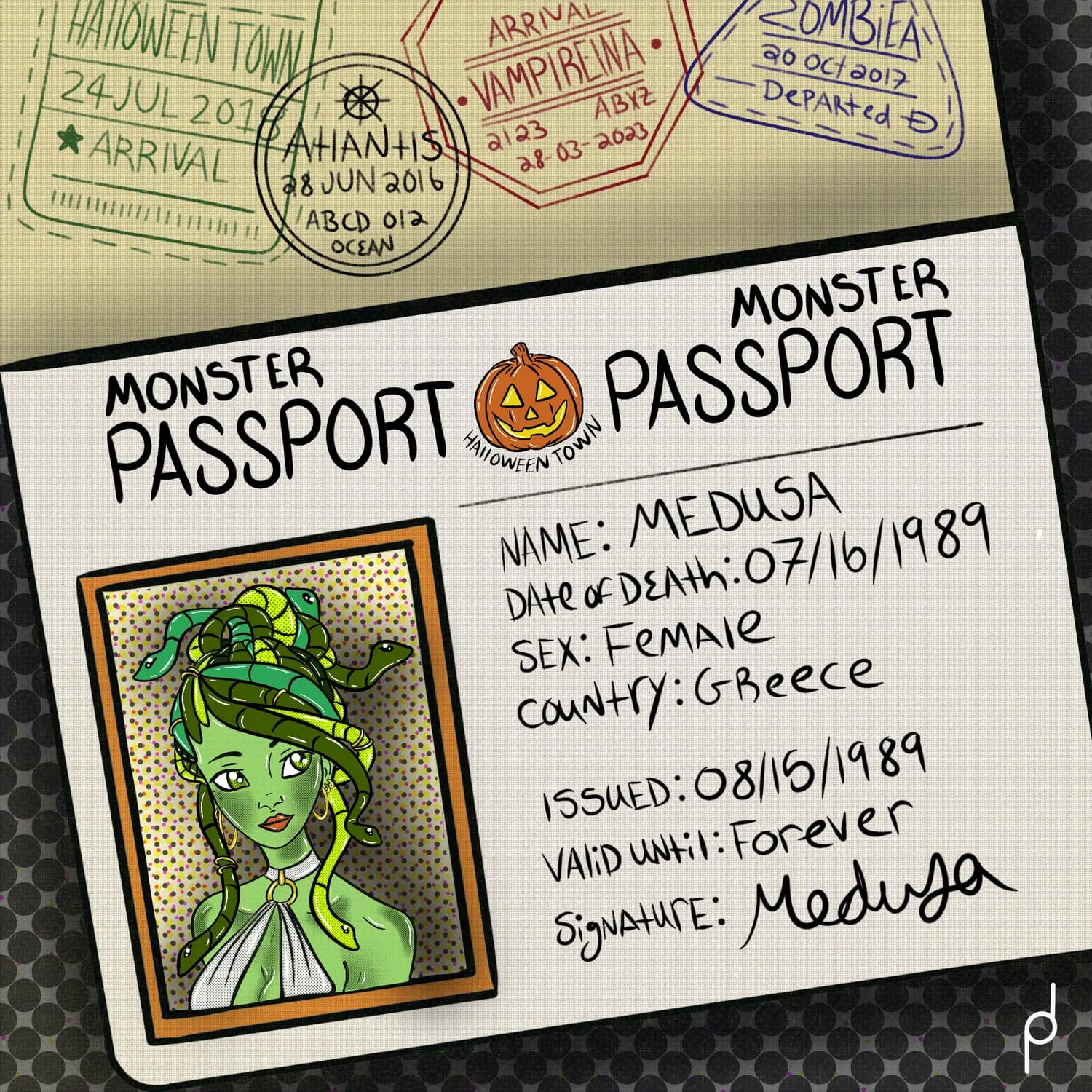 Illustration of a Halloween Town monster passport issued to Medusa, stamped for Atlantis, Vampireina and Zombiea