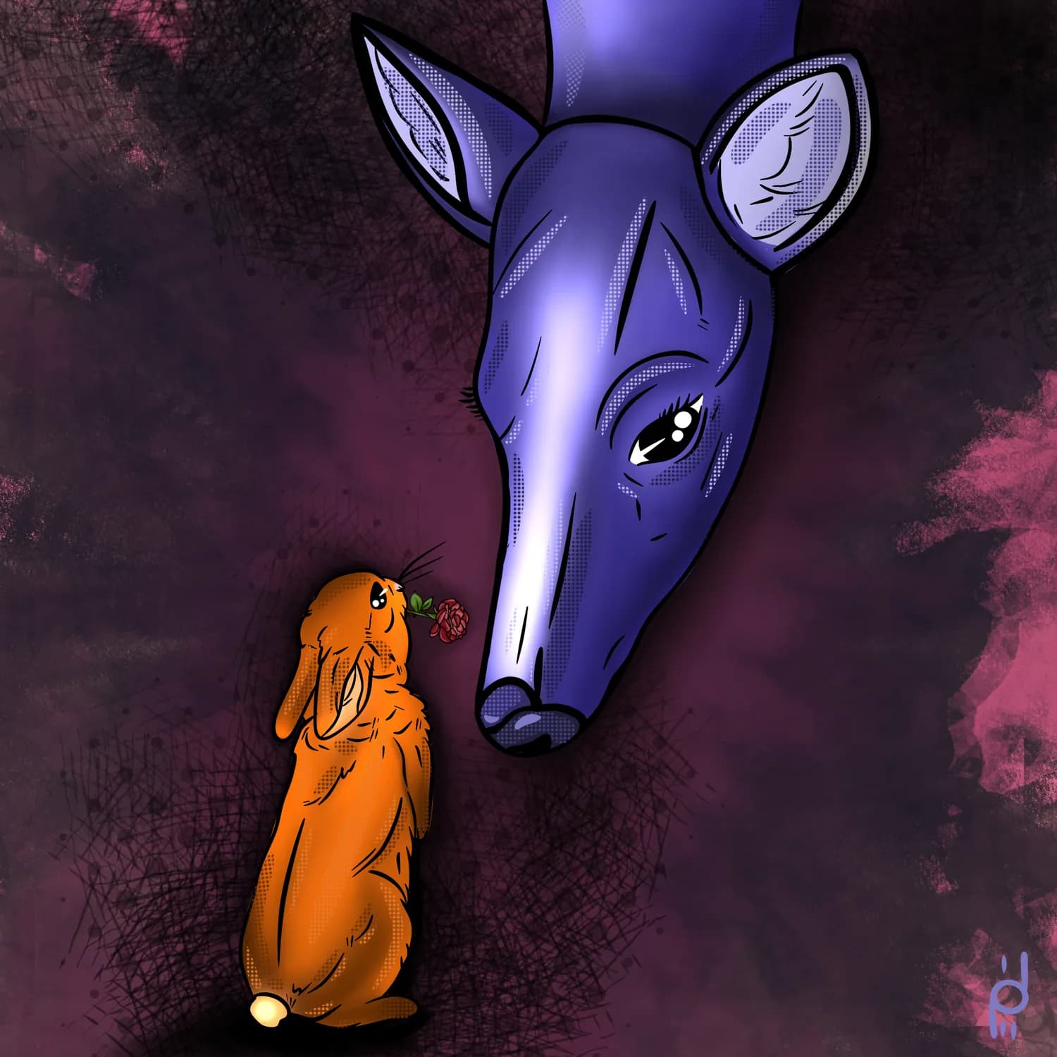 Illustration of a violet wolf head above a small rabbit