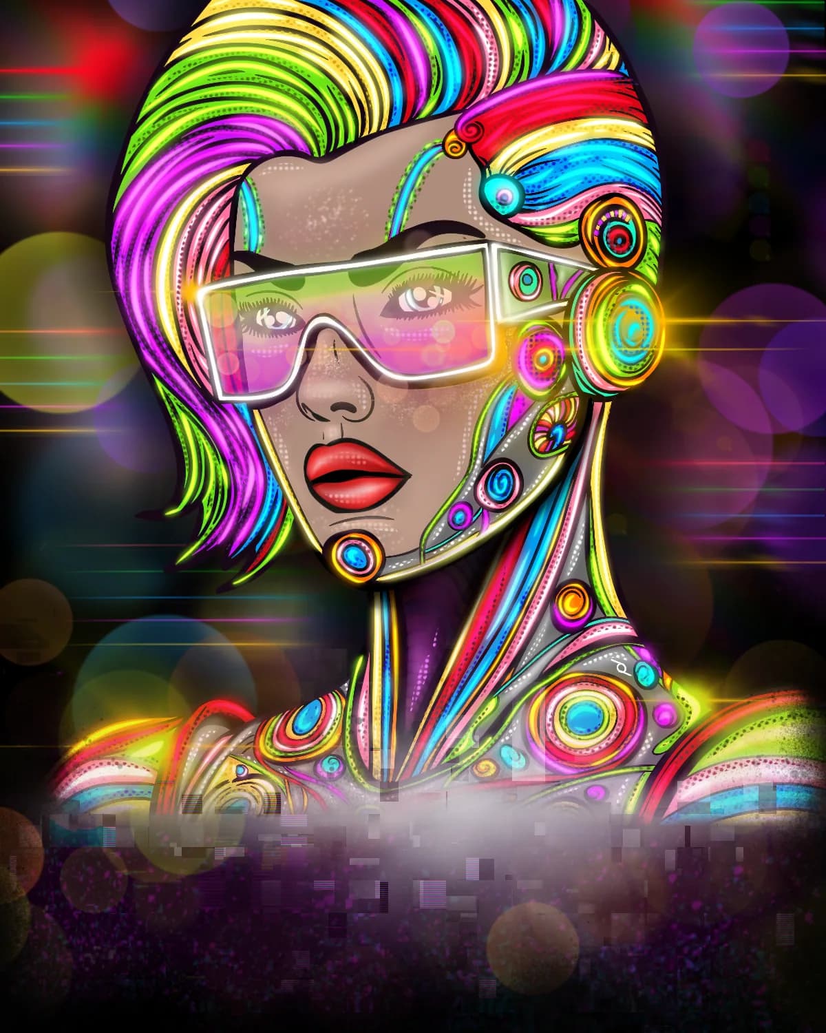 Illustration of a woman with rainbow hair and a glowing visor against a bokeh-lit night