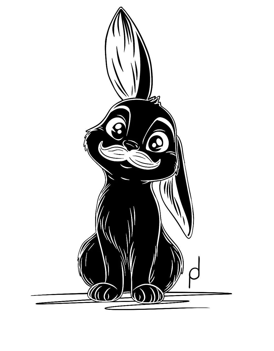 Cartoon illustration of Nola the black rabbit standing with her ears up