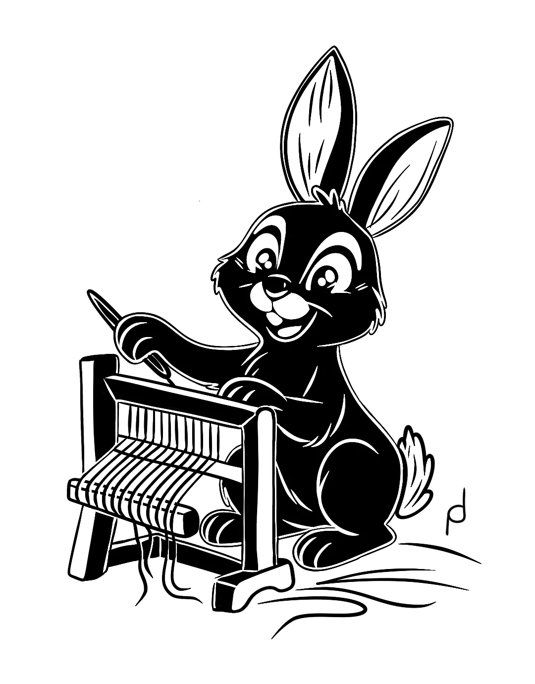 Cartoon illustration of Nola the black rabbit weaving at a loom
