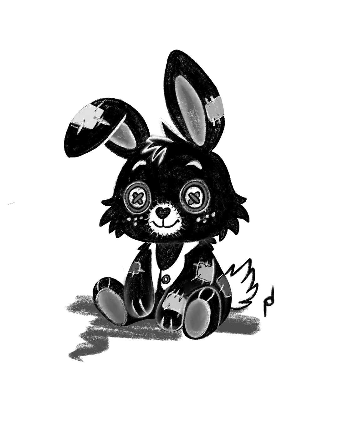 Cartoon illustration of Nola the black rabbit sitting with a bow