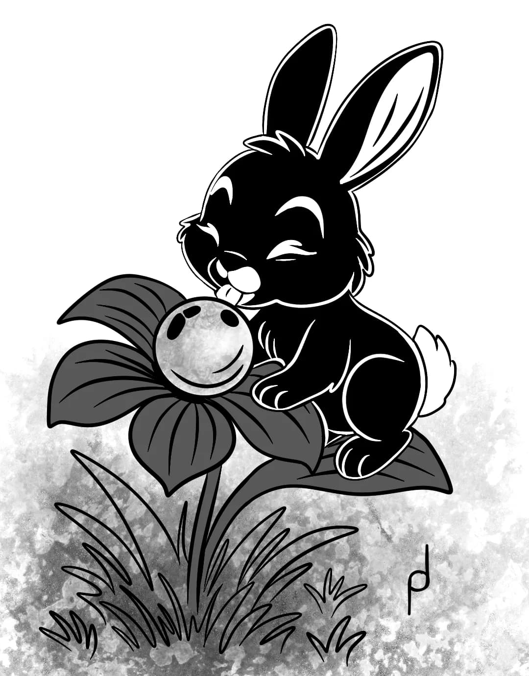 Cartoon illustration of Nola the black rabbit resting on a flower