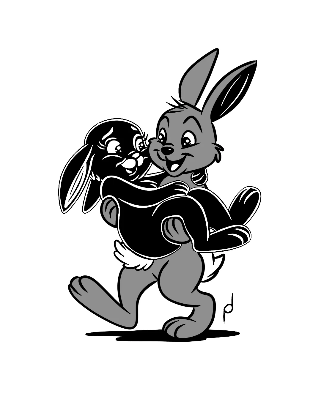 Cartoon illustration of Nola the black rabbit dancing with another rabbit