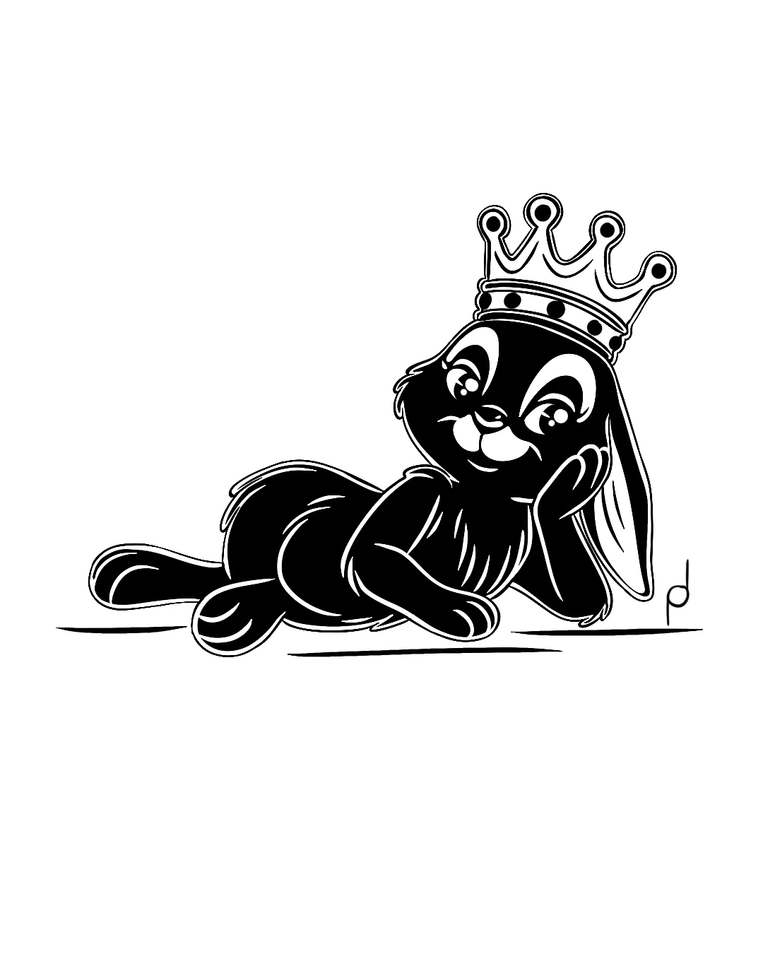 Cartoon illustration of Nola the black rabbit lying down wearing a crown