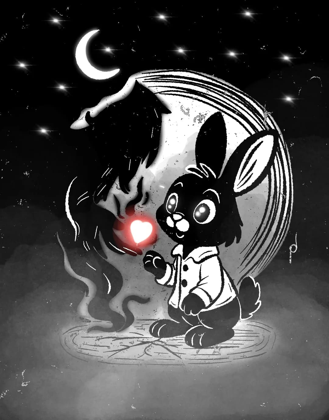 Cartoon illustration of Nola the black rabbit holding a glowing ember by moonlight