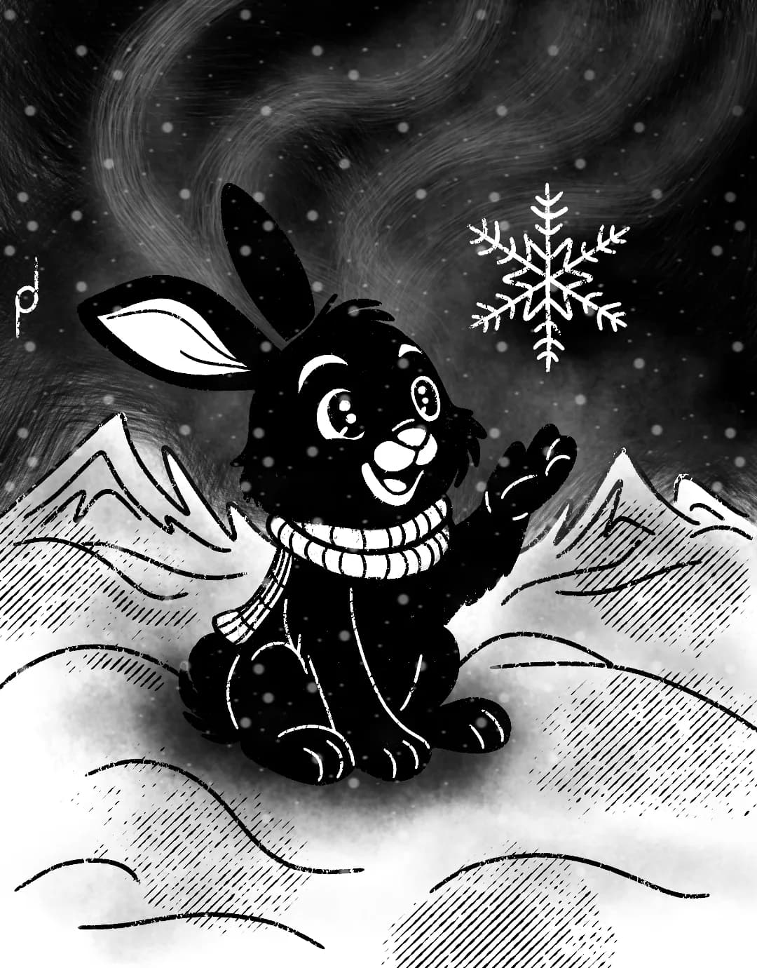 Cartoon illustration of Nola the black rabbit catching the first snowflake