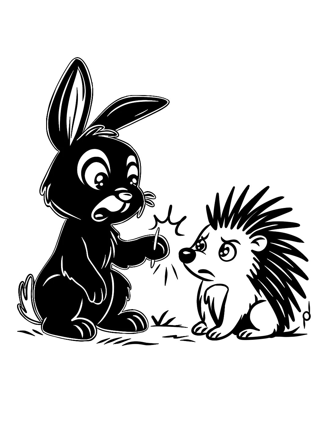 Cartoon illustration of Nola the black rabbit meeting a hedgehog