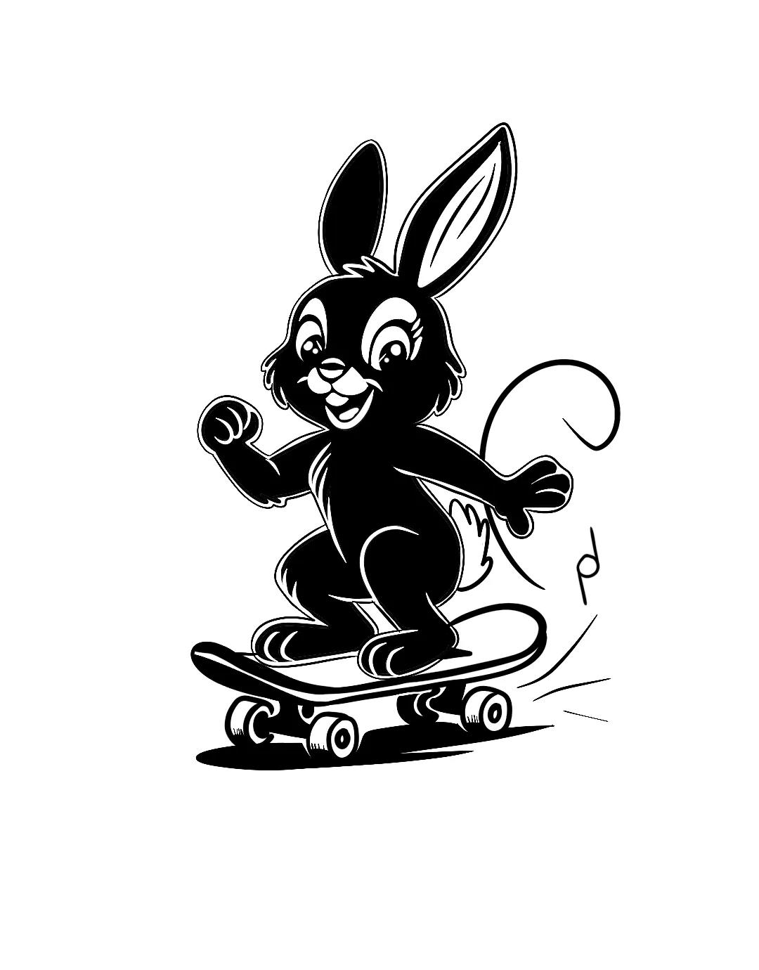 Cartoon illustration of Nola the black rabbit on a skateboard