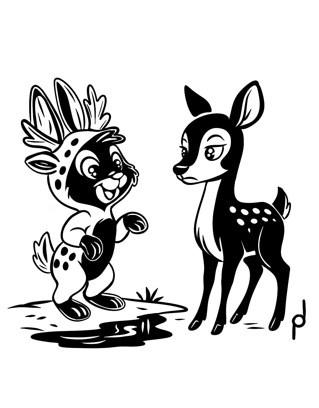 Cartoon illustration of Nola the black rabbit wearing antlers beside a fawn