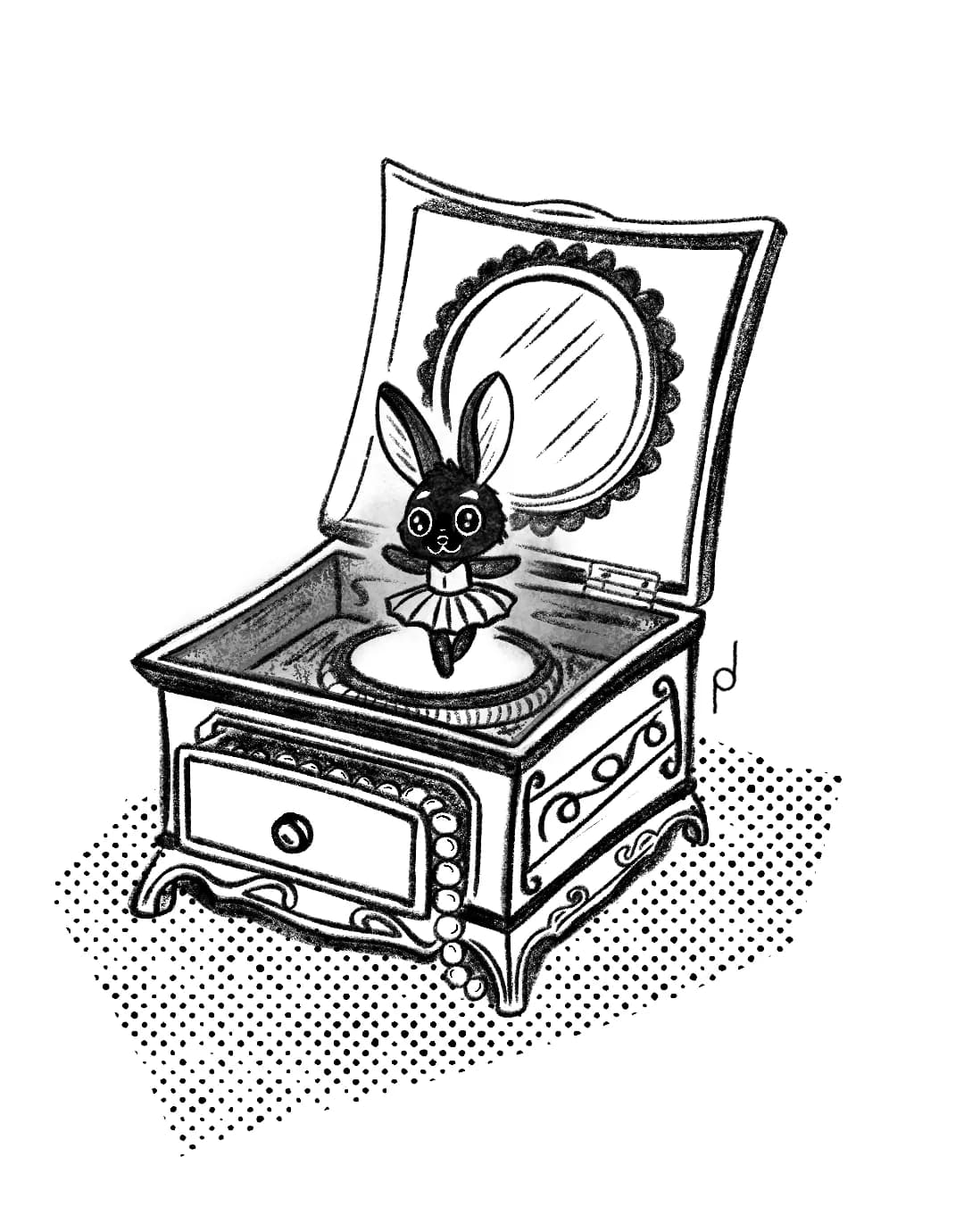 Cartoon illustration of Nola the black rabbit dancing in a music box