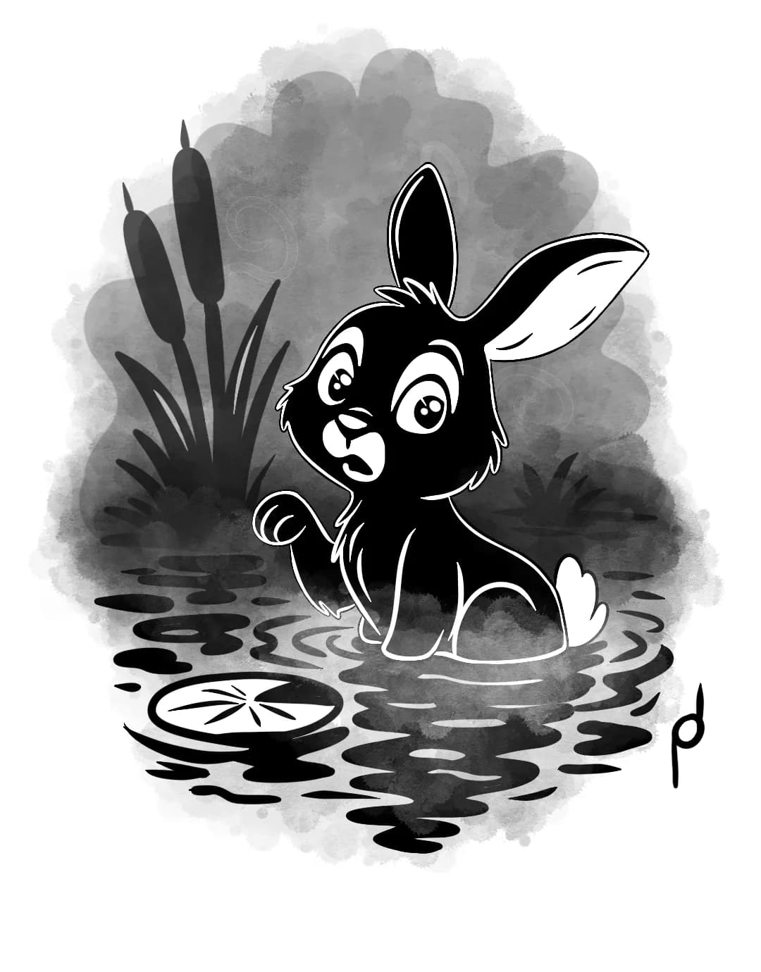 Cartoon illustration of Nola the black rabbit wading in a pond among cattails