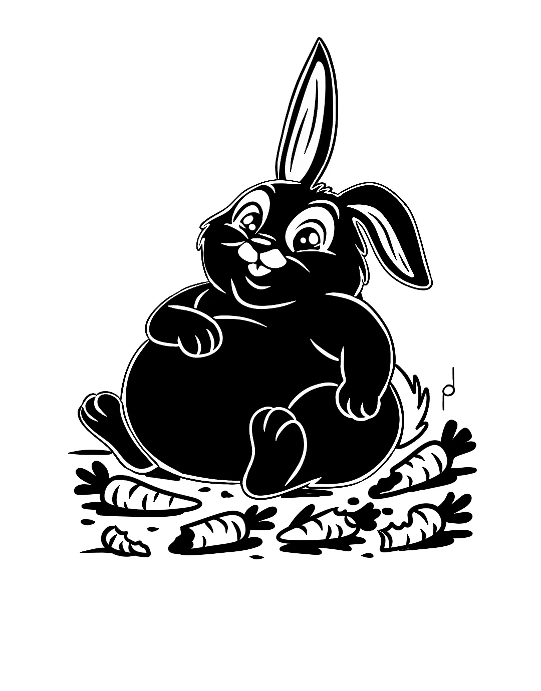 Cartoon illustration of Nola the black rabbit full of carrots