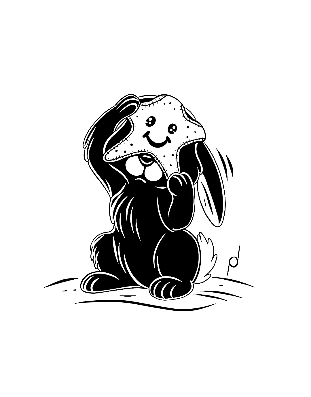 Cartoon illustration of Nola the black rabbit wearing a mushroom cap
