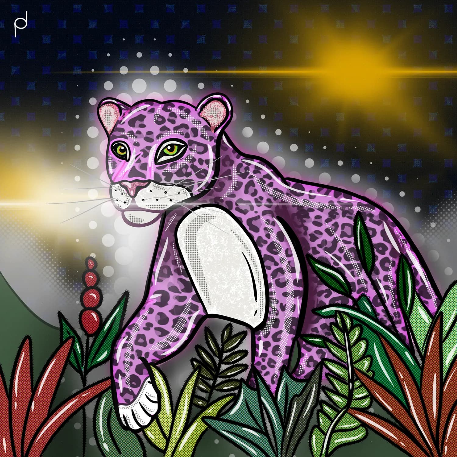 Illustration of a spotted pink cat in the undergrowth