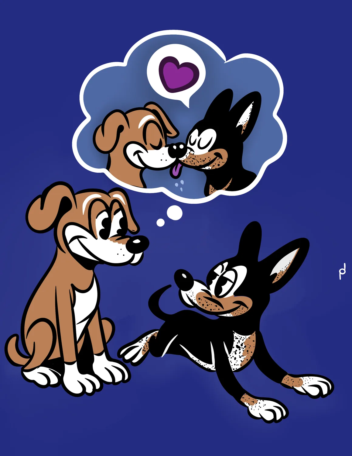 Cartoon illustration of a brown dog daydreaming about nuzzling a black and tan dog