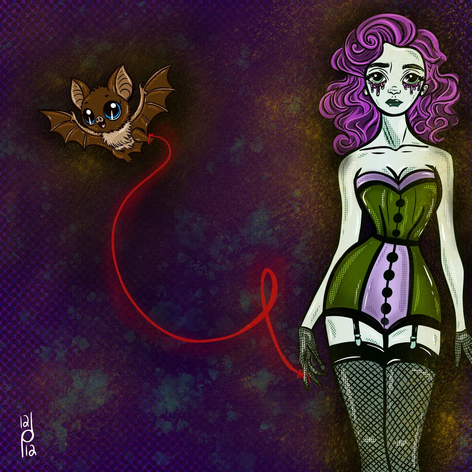 Illustration of a bat and a goth figure joined by a red thread