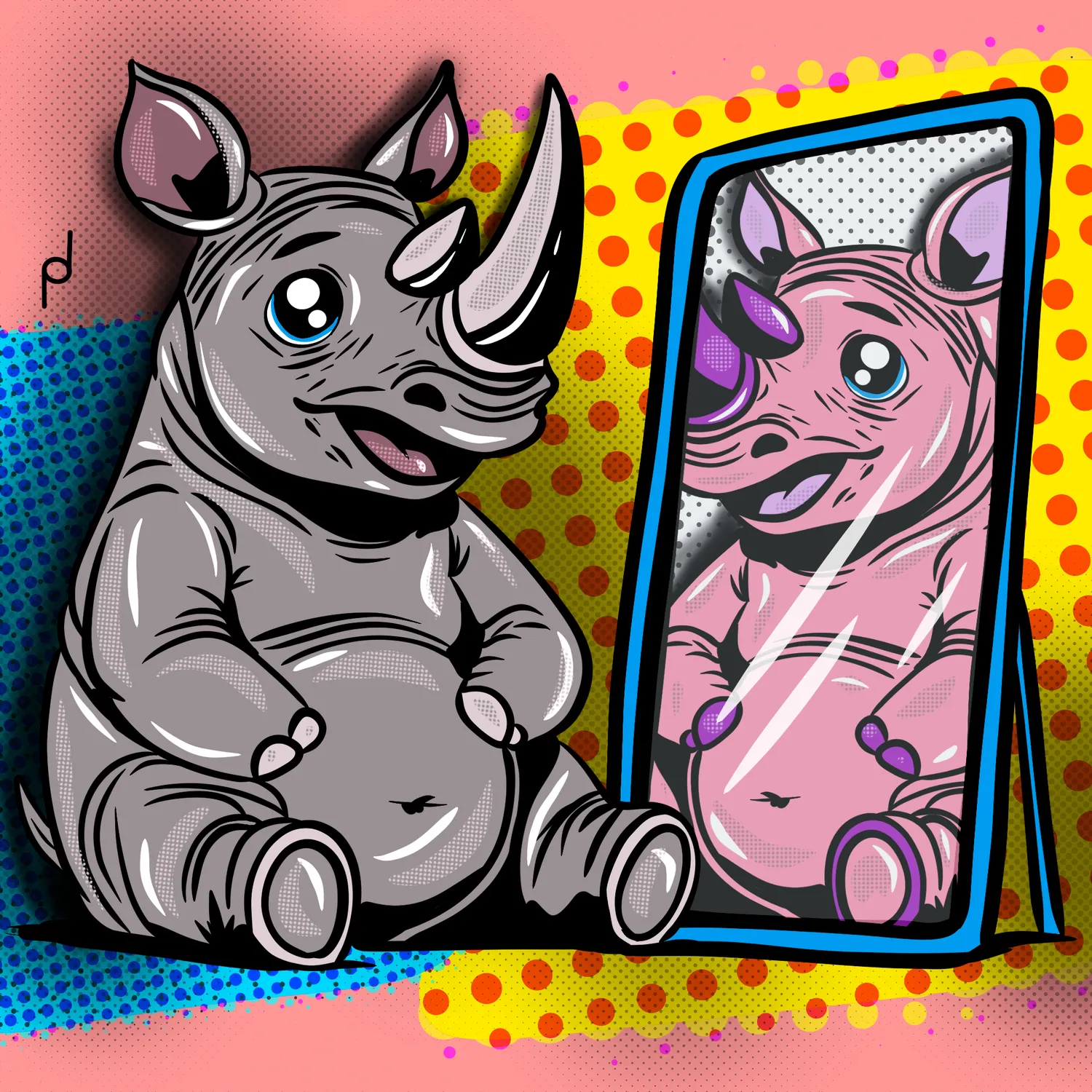 Illustration of a rhino seeing a pink version of itself in a mirror