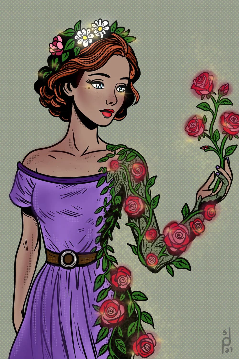Illustration of a woman in a violet dress with roses growing along her arm