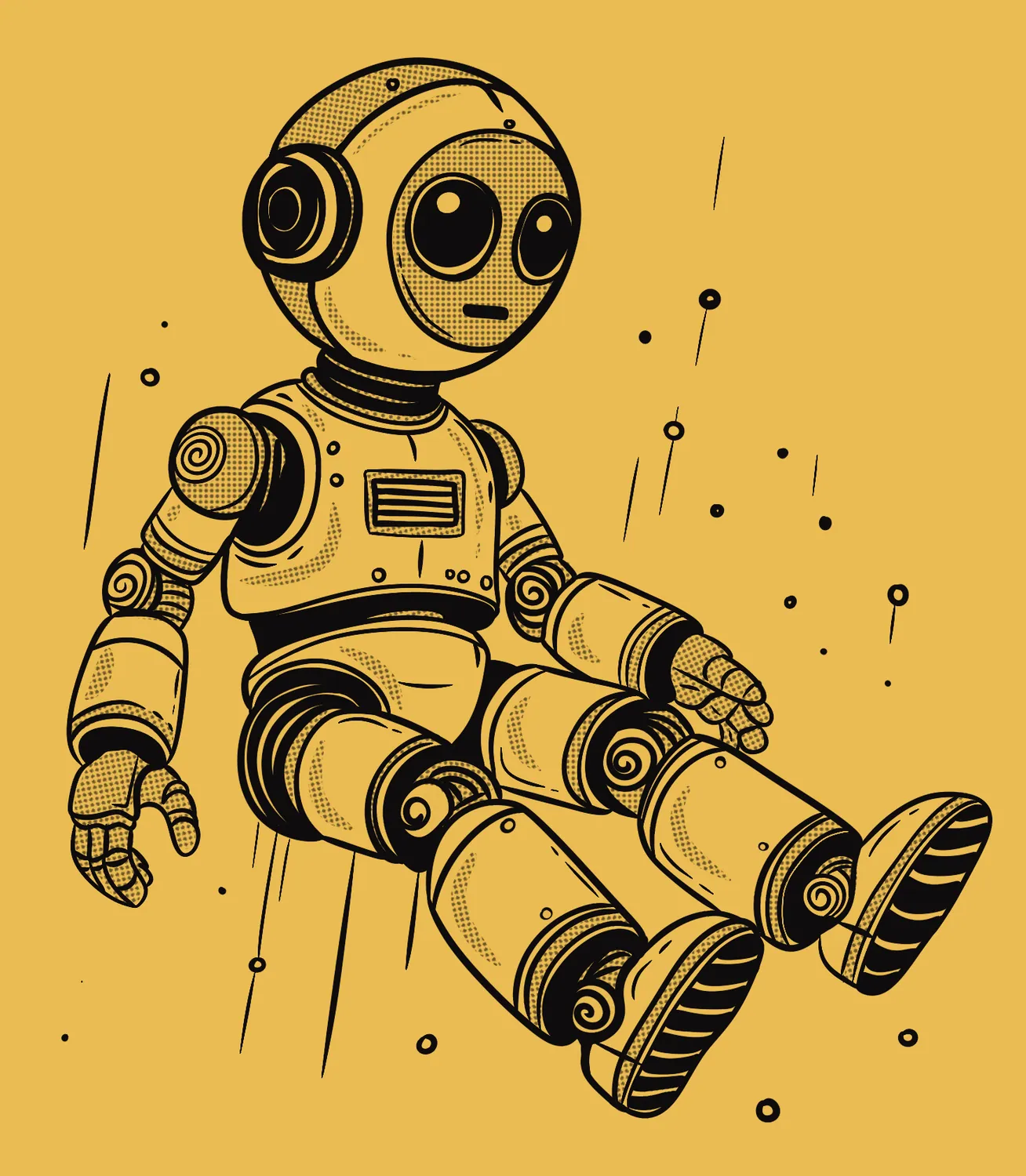 Illustration of a jointed robot on a yellow ground
