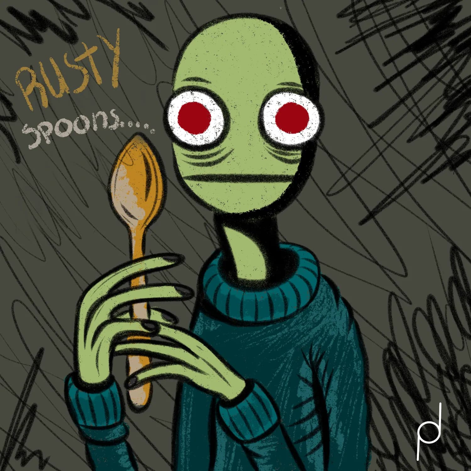 Illustration of a green figure holding a spoon