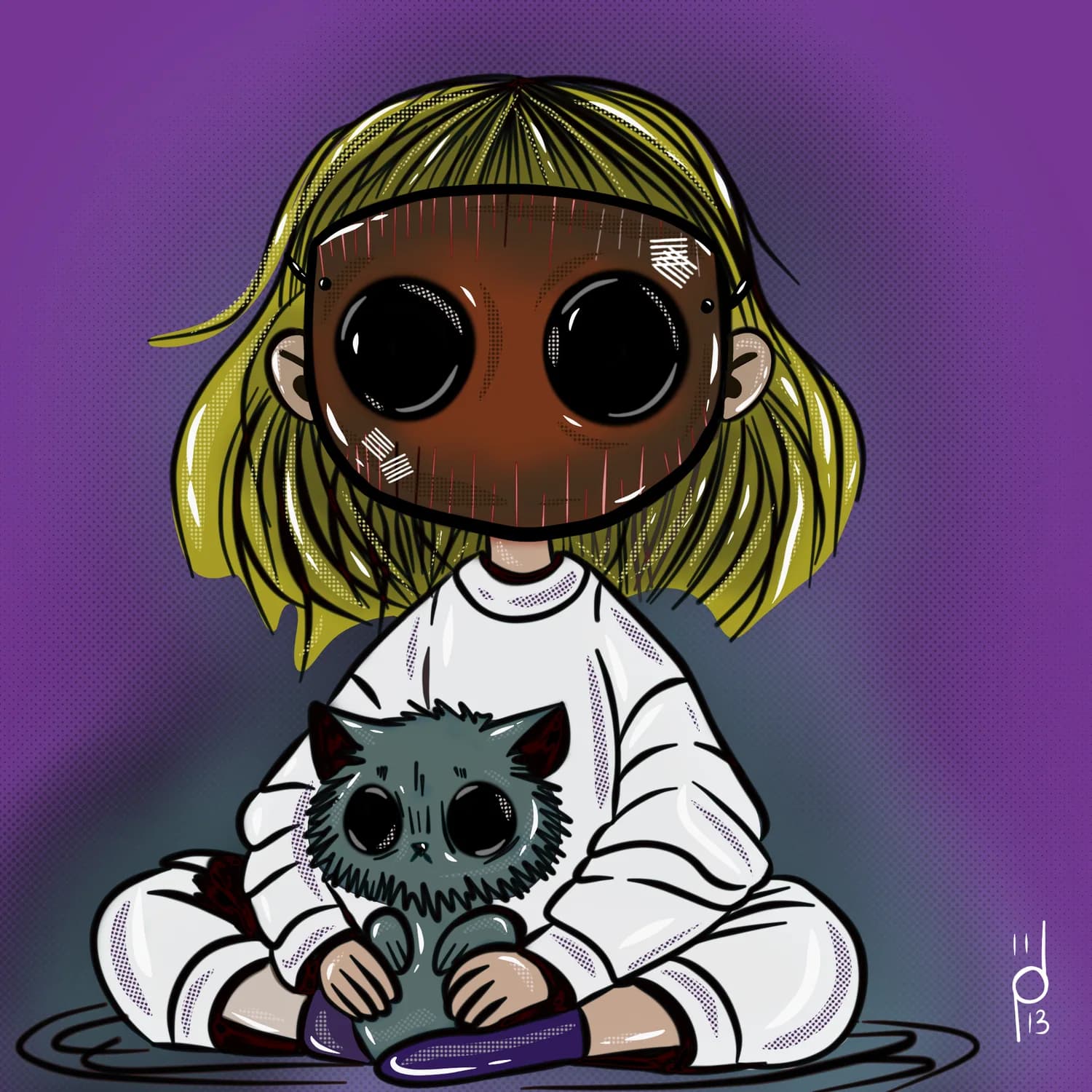 Illustration of a child in a burlap sack mask holding a grey cat