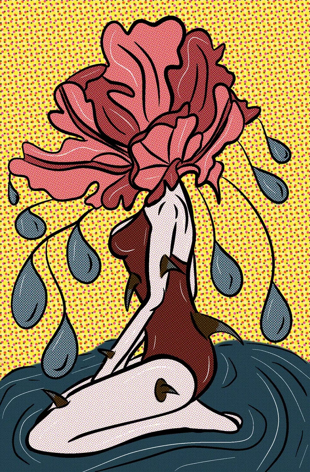 Pop-art illustration of a dolphin with a blooming flower head shedding oversized tears